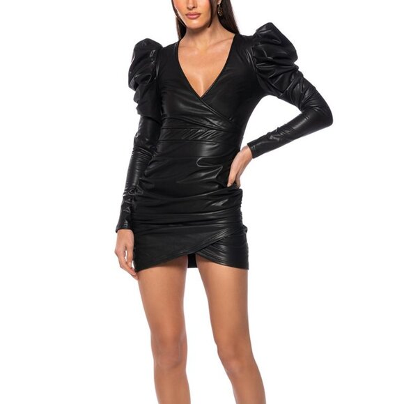 Callie Lives Xena Black: Puff Shoulder Faux Wrap Leather Ruched Mini Dress M - Picture 6 of 7